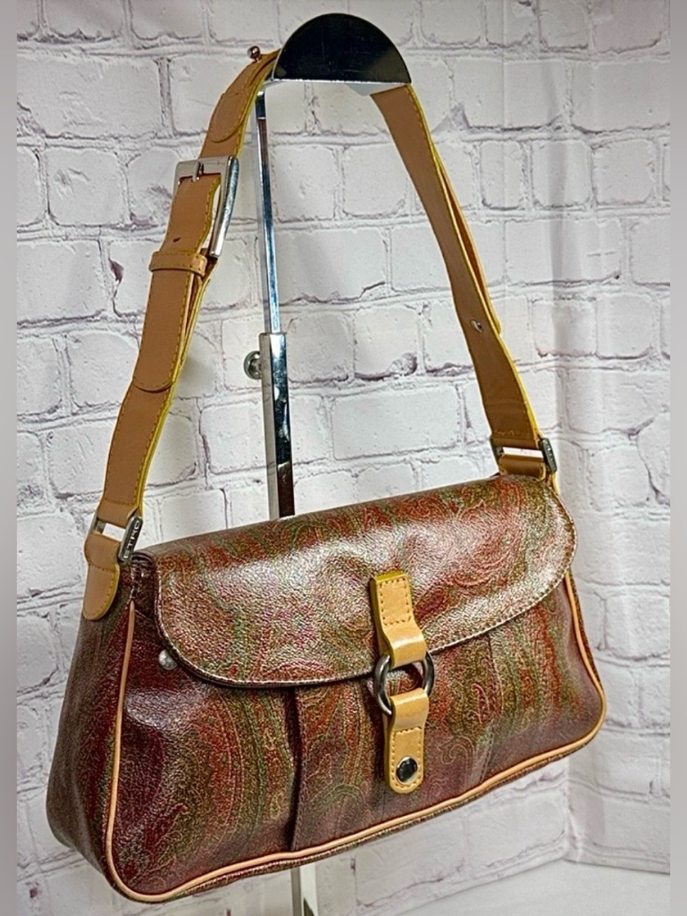 Vintage Etro Paisley Leather Lime Green Trim Purple Interior Silver Hardware EUC - Picture 2 of 13